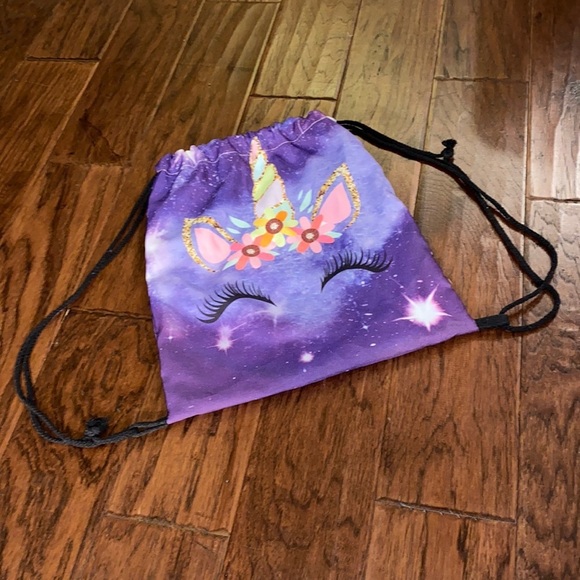 Purple Unicorn 🦄 backpack sack satchel scrunch carry bag black shoulder straps‌ - Picture 2 of 6